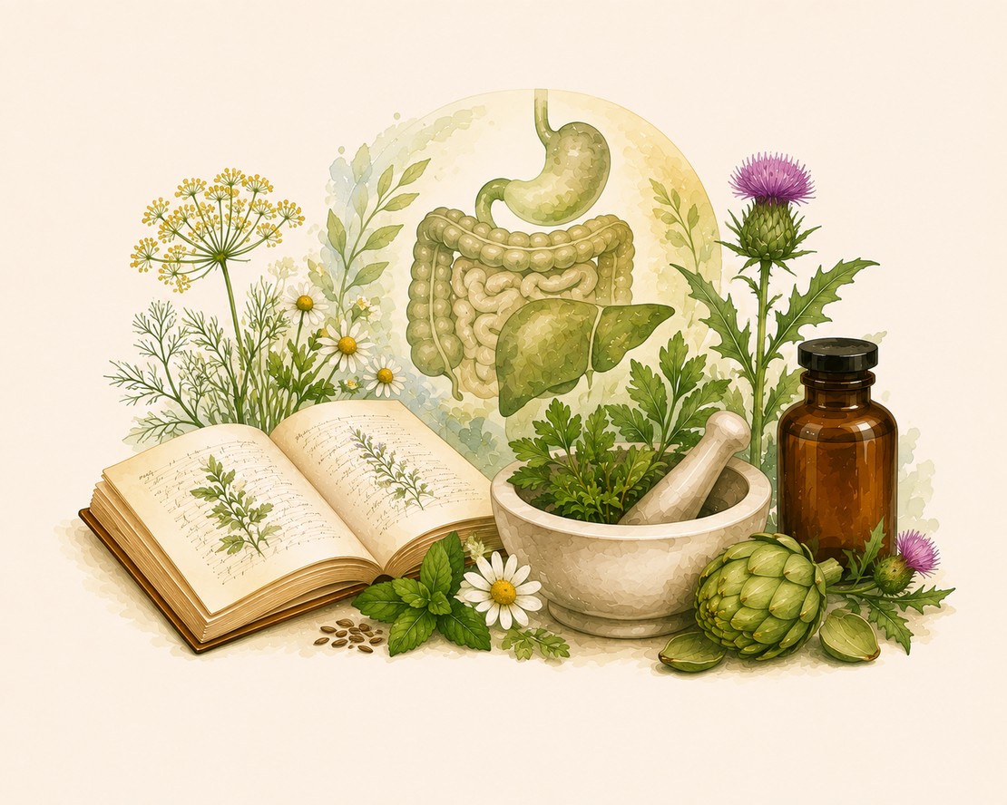 Tisane chaude et assiette légère évoquant une digestion confortable
