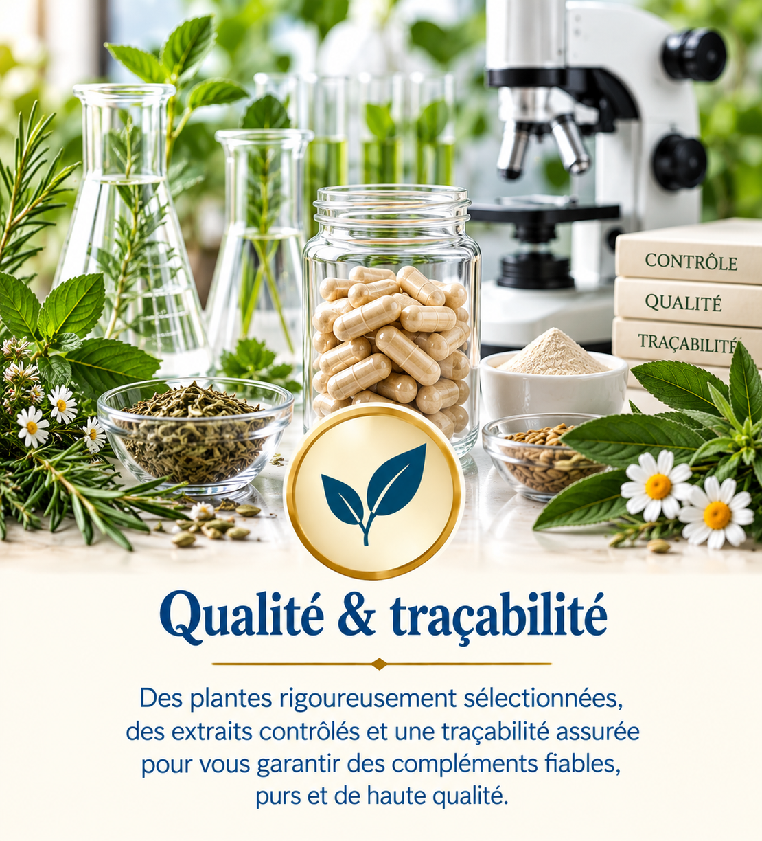 Contrôle qualité de flacons de compléments sur une paillasse de laboratoire